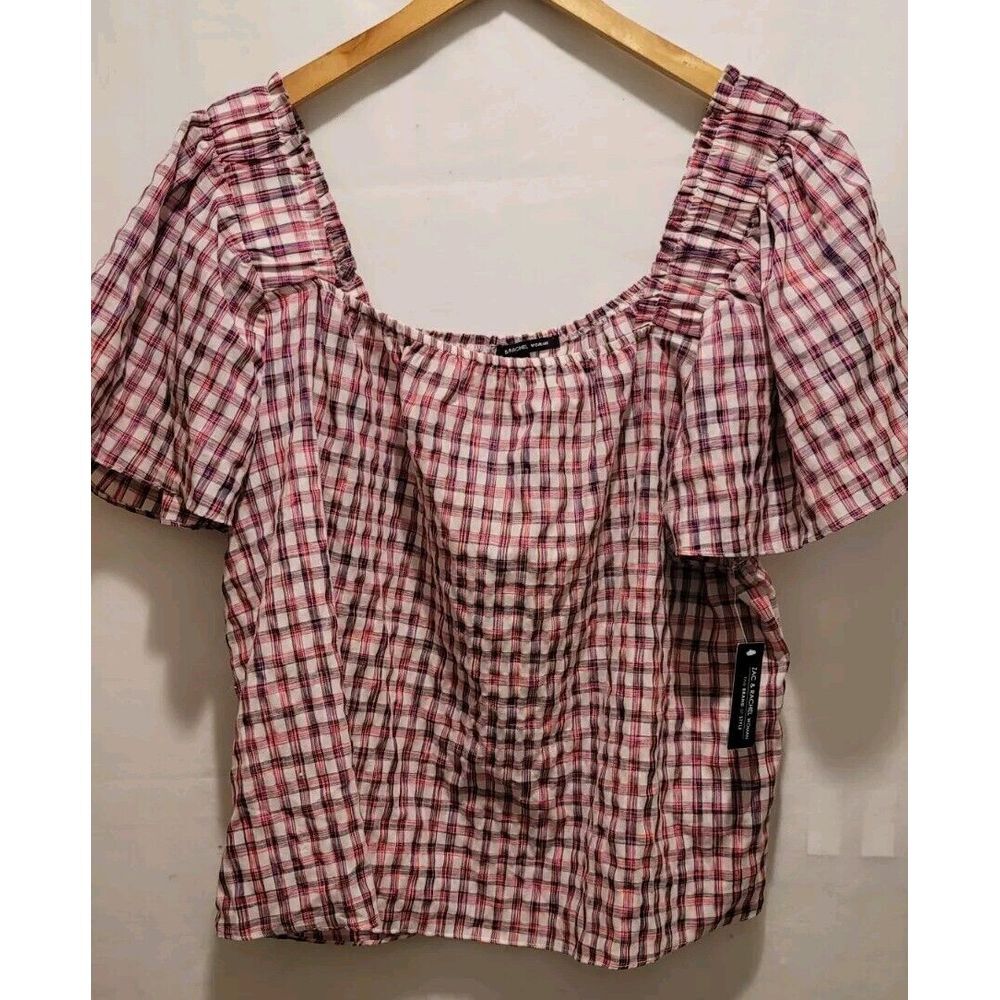 Zac & Rachel Size 2X Top Blouse Plaid Shirt Short Sleeve Peasant Western Cottage